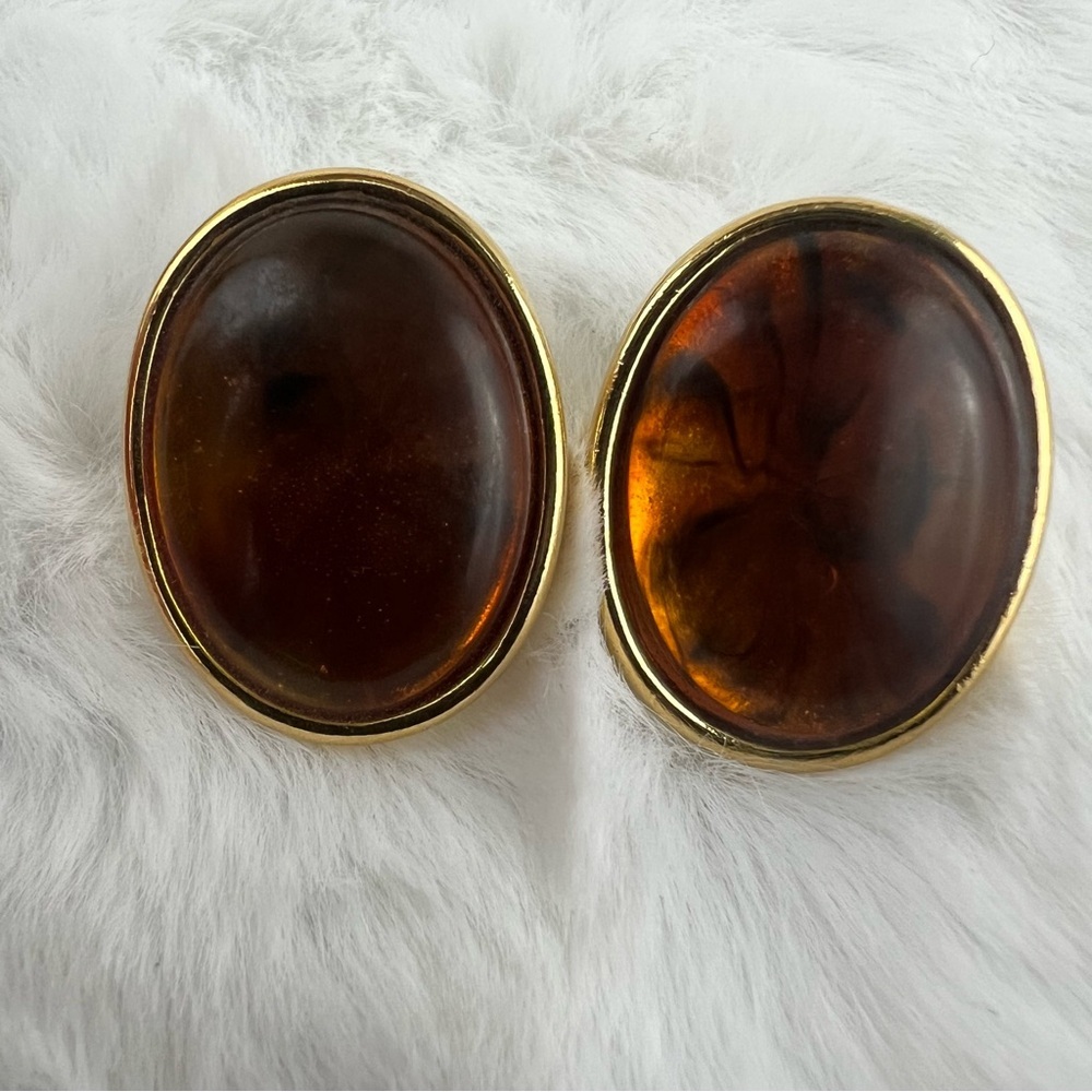 Trifari Vintage Oval Amber Tortoise Shell Lucite Clip-On Earrings